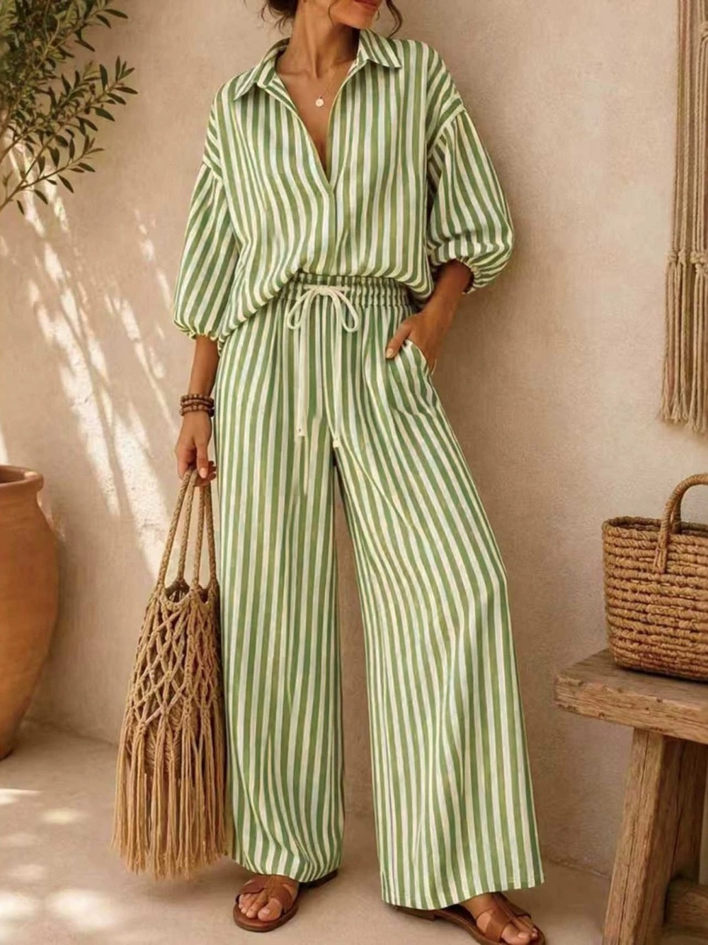 Full Size Striped Puff Sleeve Shirt and Wide-Leg Drawstring Pants Set Plus Size